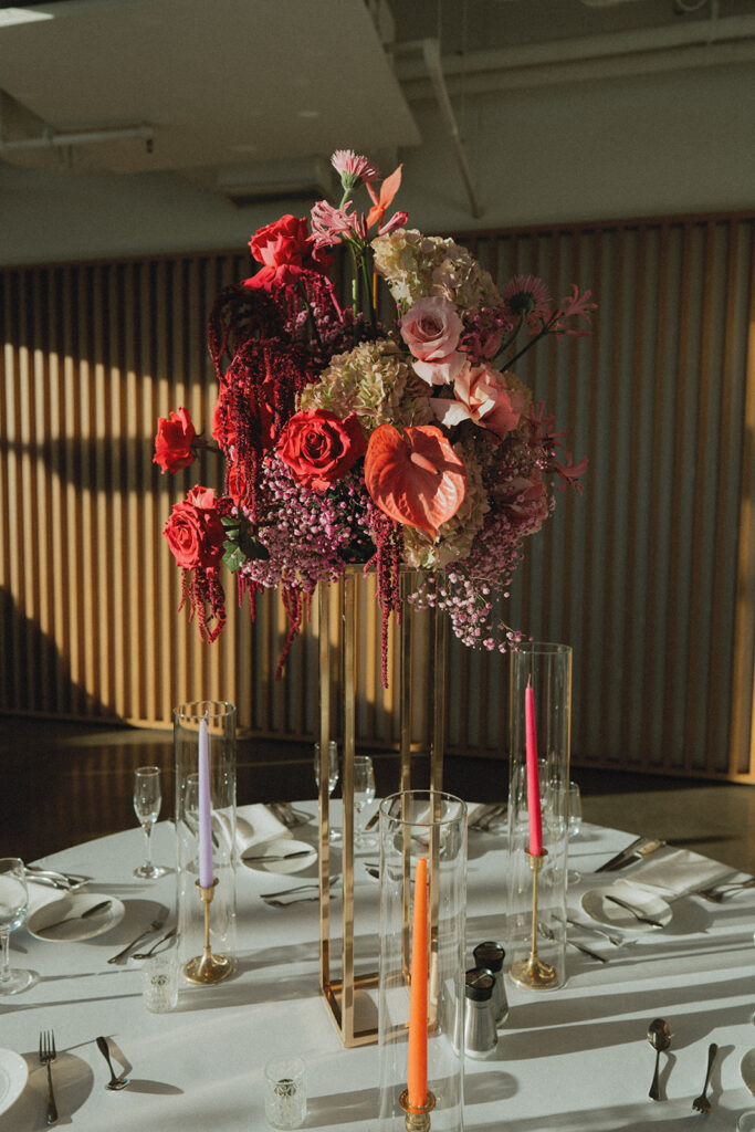 Floral details are shown in a photo of a Long Branch NJ wedding reception table 