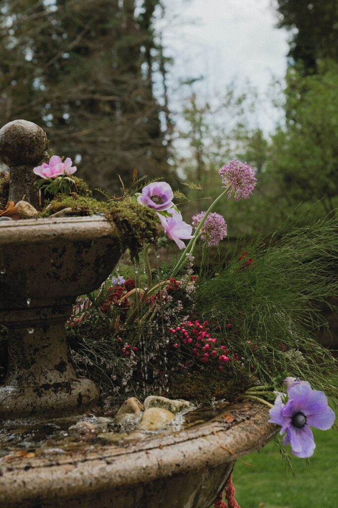 A close-up photo taken at parque wedding venue shows purple flowers growing near a fountain 