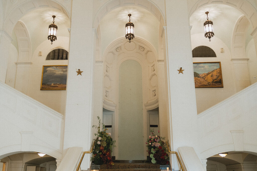 A ceremony space is photographed at an american swedish historical museum wedding
